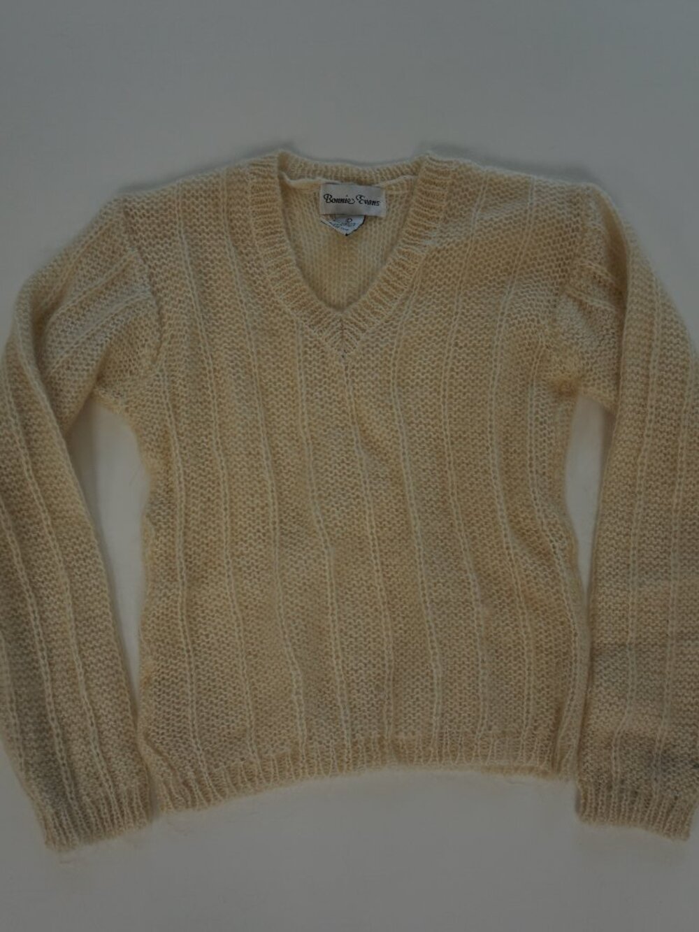 Vintage Mohair V-Neck Cream Striped Textured Sweater XS